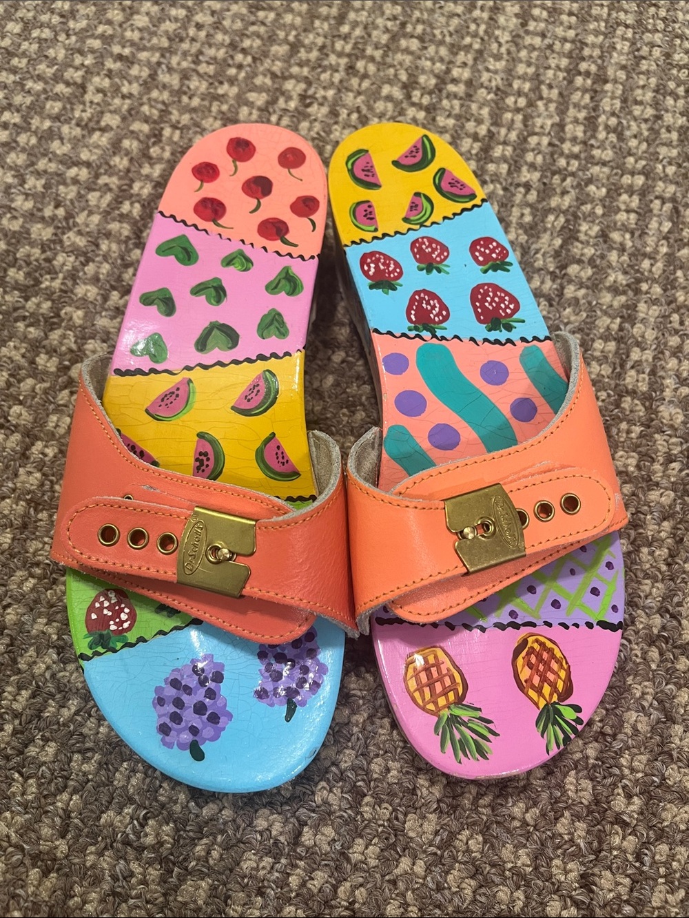 Dr. Scholl's Colorful Hand-Painted Fruit Print Slide Sandals - Coral Straps